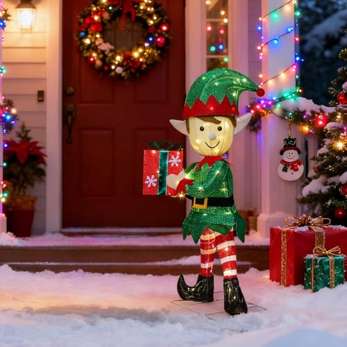 Lighted Christmas Elf Yard Decor - 38-Inch Outdoor Holiday Garden Statue