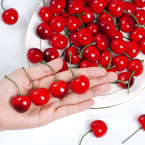 jiebor 60Pcs Fake Cherries Artificial Plastic Faux Fruit Ornament for Birthday Party Decoration Photography Props Kitchen Home Market Display