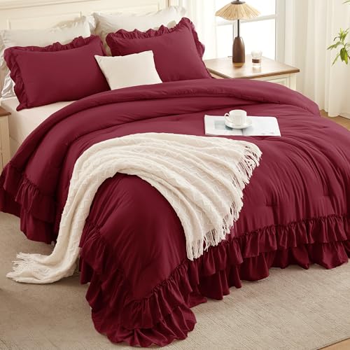 Burgundy Ruffle Comforter Set Queen Size - 3 Pieces