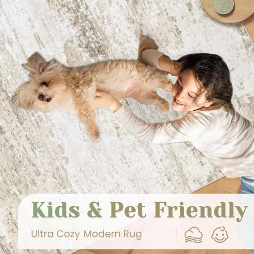 Beige 5x7 Machine Washable Area Rug - Soft Modern Abstract Non Slip Carpet for Living Room Bedroom Kitchen Nursery Office