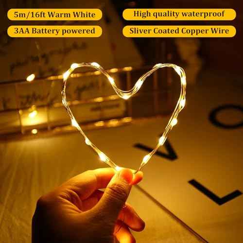 Timer Led String Lights,1 Pack Mini Battery Powered Silver Wire Starry Fairy Light,Battery Operated Micro Lights for Bedroom,Christmas,Parties,Wedding,Centerpiece,Decoration (5m/16ft Warm White)