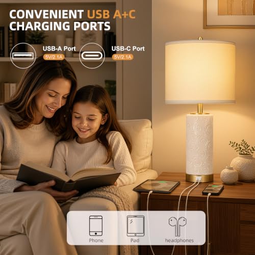 25.5-Inch Boho Ceramic Table Lamps Set of 2 with Dimmable Bulbs & USB Ports