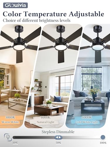 Glowivia 52 Inch Black Ceiling Fan with Lights, Remote & App Control, DC Motor