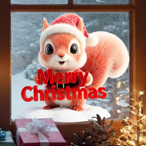 OFdne Style12 Christmas Squirrel Window Cling Holiday Decal - Reusable Static Sticker