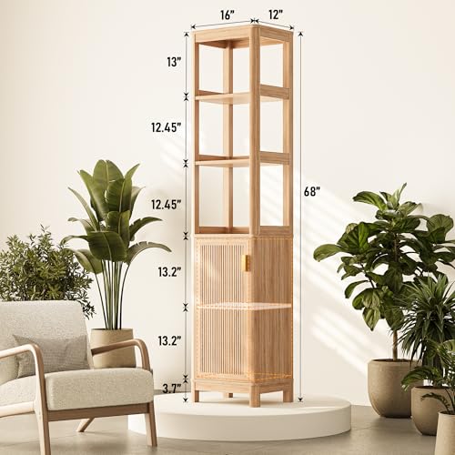 INNOD Model-A 68-Inch Narrow Bathroom & Kitchen Tall Storage Cabinet with Adjustable Shelves, Natural Oak Finish