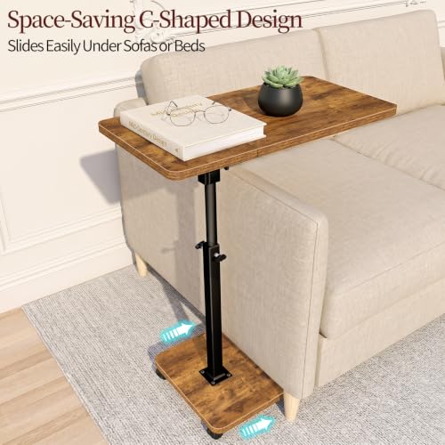 Adjustable Height End Table with Wheels & Tilting Panel - 11.8x22.8 inch, Mobile Couch Side Table