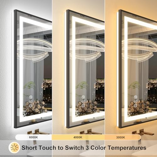 OKPAL Matte Black 24x32 LED Bathroom Mirror with Front & Backlit Dimmable Anti-Fog