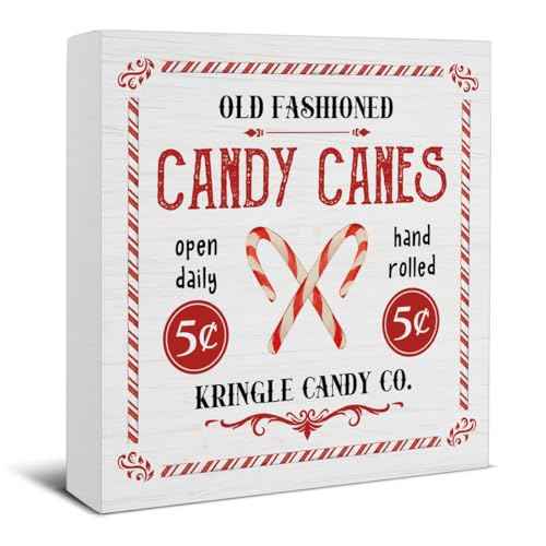 Farmhouse Christmas Decorations, Candy Canes Decor Sign, Christmas Wood Sign Winter Holiday Home Table Desk Decor (5 x 5 Inches)