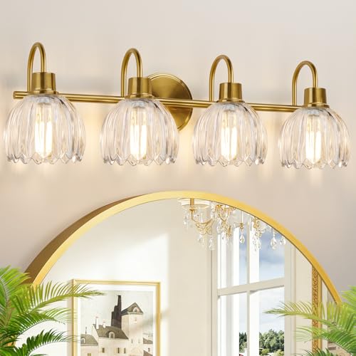 4-Light Bathroom Vanity Light Fixture - Brushed Gold with Tulip Clear Glass Shade, Over Mirror for Bathroom, Bedroom, Hallway - Variation: Brushed Gold - Tulip Clear