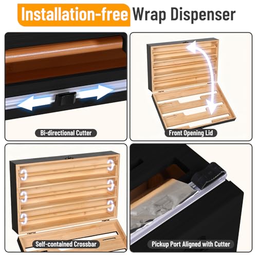 Allinside Black 3-Layer Magnetic Plastic Wrap Dispenser with Cutter for 12.9" Rolls