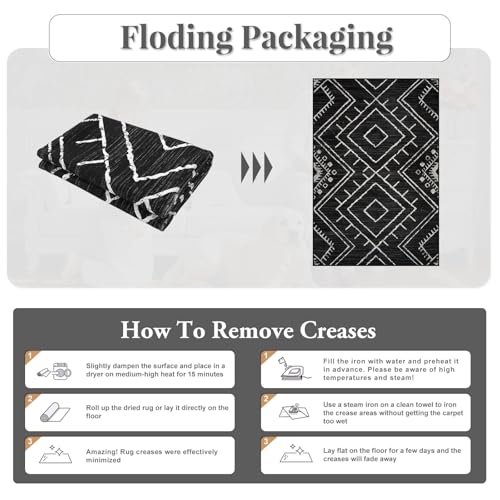 LIVEBOX Moroccan 8x10 Black Area Rug - Washable, Non-Slip Geometric Rug for Living Room & Bedroom