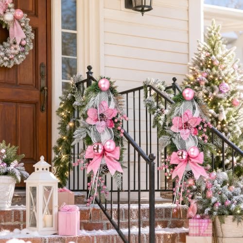 IPOPU Pink 2 Pack Christmas Teardrop Swags 25.5 Inch Decor with Bowknot & Berries