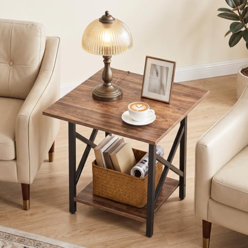 Walnut 24 Inch Square End Table with X-Frame and Two-Tier Storage