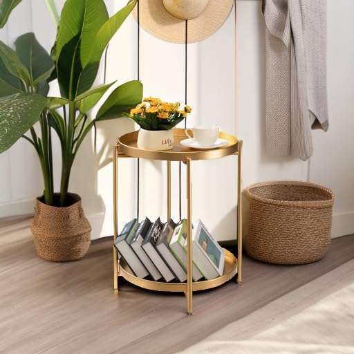 Gold 2-Tier Folding Metal Side Table with Removable Trays - Small Nightstand