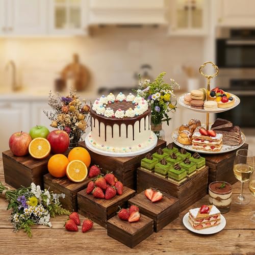 OINETRK Brown 8-Piece Multi-Size Wooden Buffet Risers Set for Catering & Events