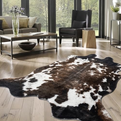 Faux Cowhide Rug, Cow Print Rug for Bedroom 4.6x5.2 Feet Black and