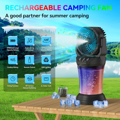 Wilody Black Misting Fan Portable Camping Fan with Remote & RGB Light