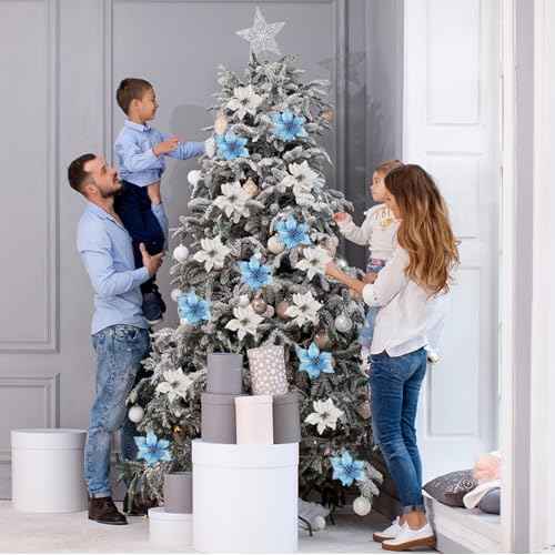 12Pcs Poinsettia Flower Artificial Poinsettia with Stem Christmas Decor Glitter Poinsettia Christmas Ornaments Christmas Tree Flower Decoration DIY Xmas Wreath Mantle Party Decor (Silver)