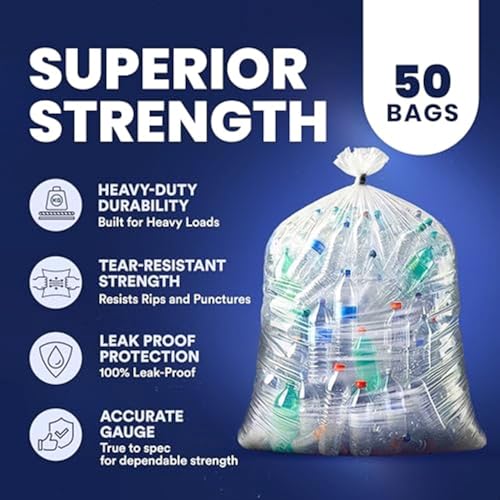 Heavy Duty 55-60 Gallon Trash Bags - Clear, 2 Mil Thick, 50 Pack