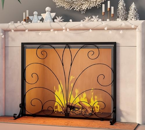 Fire Beauty Wrought Iron Fireplace Screen 37.8"L x 30.7"H Single Panel Spark Guard for Indoor Fireplace