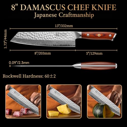 KEEMAKE 8-Inch Damascus Chef Knife with VG10 Steel & Pakkawood Handle - Japanese Kitchen Knife with Wood Sheath