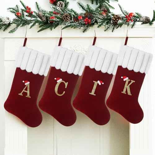 20 Inch Personalized Christmas Stocking,Red Velvet with Embroidered Initial,Holiday Xmas Party Decor Letter A