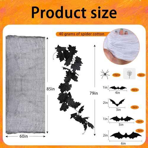 RunNico Halloween Gauze Fireplace Mantel Decorations Kit, Black Maple Leaf Garland, Spider Cloth Fireplace Mantel Scarf with Fake Bats for Halloween Decor and Horror Themed Party Supplies