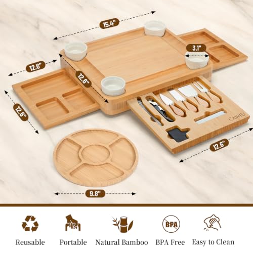 Large Bamboo Charcuterie Board Set with Lid, Drawers & Accessories - Black