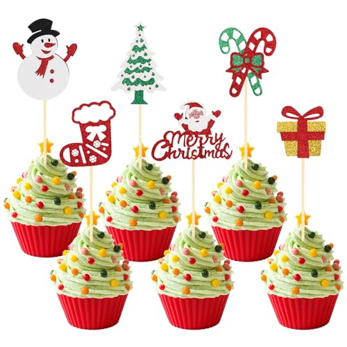 Tauywolci Christmas Style 24 PCS Glitter Cupcake Toppers - Santa Snowman Xmas Decorations