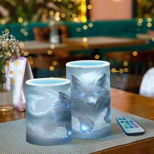 White Wolf with Glowing Blue Eyes Flameless Candles Battery Operated Color Changing LED Candles with Remote Control Timer Outdoor Indoor 2 Pack