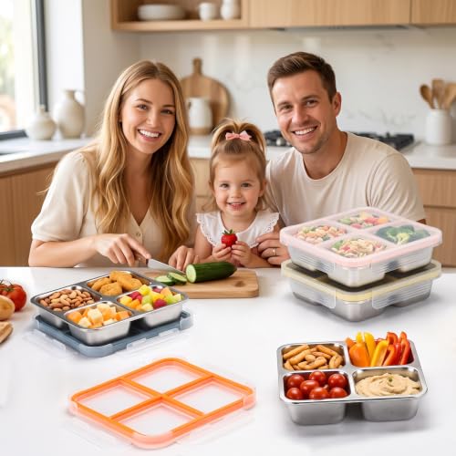 KEABOX 4-Pack Stainless Steel Snack Containers with 4 Compartments, Leak-Proof, 3 Cups Capacity