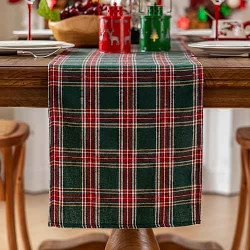 Joyfol Day 13x72 Inch Green Tartan Christmas Table Runner - Stain Resistant & Washable, Holiday Decor for Xmas, New Year's, Winter Dining