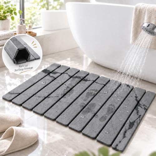 Dark Gray Rollable Stone Bath Mat for Bathroom, Quick Dry, Diatomaceous, 24x16 Inches