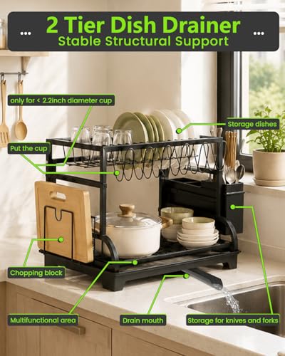 Foldable 2-Tier Dish Drying Rack with Drainboard - Black Kitchen Organizer