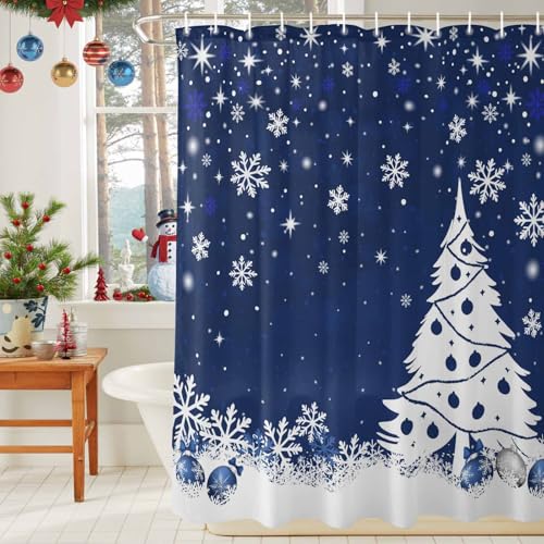 Ueplerts Navy Blue Christmas Shower Curtain Set with Hooks - 72x72 Inch Waterproof Holiday Bathroom Decor