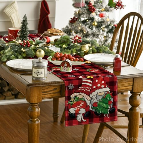 Artoid Mode Gnome Christmas Table Runner 13x60 Inch Home Holiday Decor, Red & Black