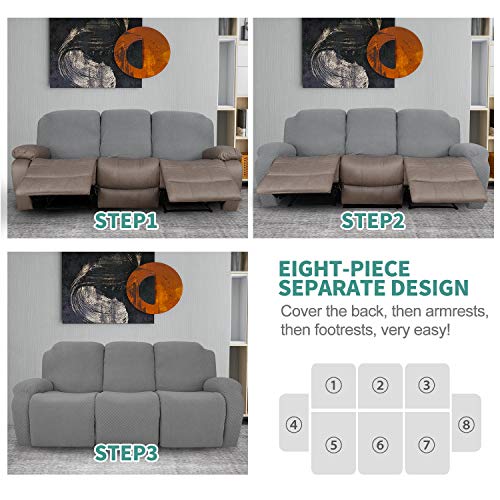 Light Gray 3-Seater Recliner Sofa Cover - 8-Piece Stretch Jacquard Fitted Slipcover with Side Pocket