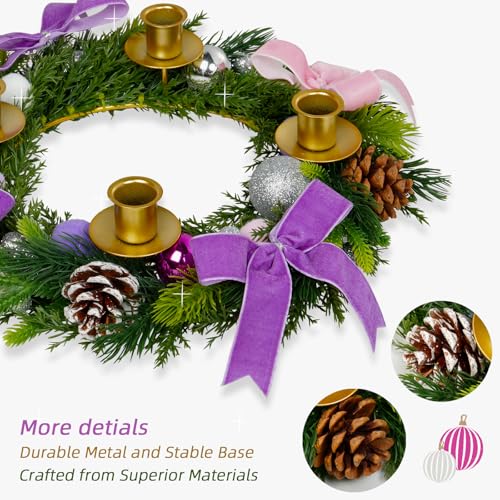 12-Inch Purple and Pink Metal Advent Wreath Candle Holder for Christmas Decor
