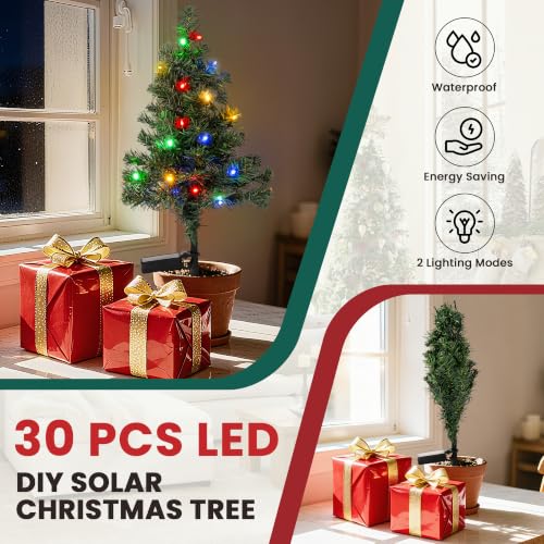 TISEJOY 4-Pack Christmas Tree Solar Lights Outdoor, Waterproof Navidad Decorations with Multi-Mode