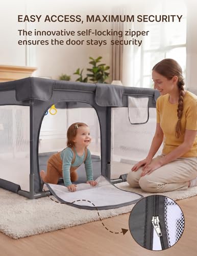 Small Baby Playpen 47x47 Inches with Pull-Up Rings - Dark Gray