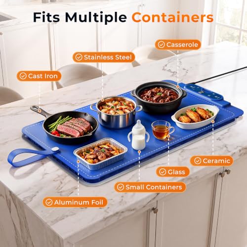Blue Warming Mat for Food 26x15 Inch, 7 Heat Levels, 8H Timer - FJAU