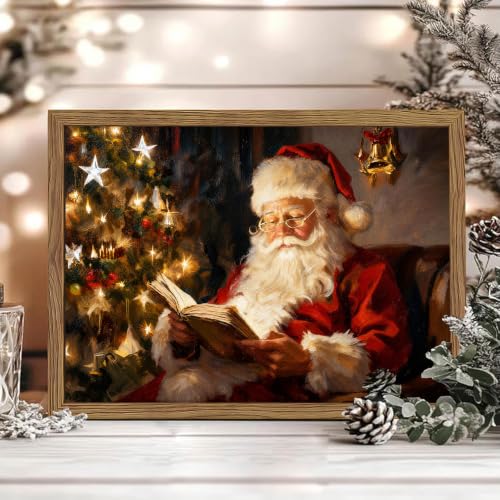 Vintage Santa Reading a Book Canvas Wall Art, Framed 24x16 — Rustic Farmhouse Christmas Print