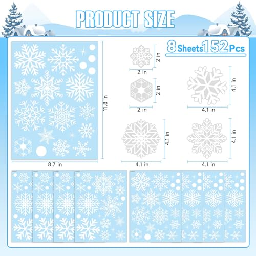 PartyGarden Snowflakes Window Clings - 8 Sheets, 152 Pcs Christmas Snowflake Decals for Glass & Holiday Decor