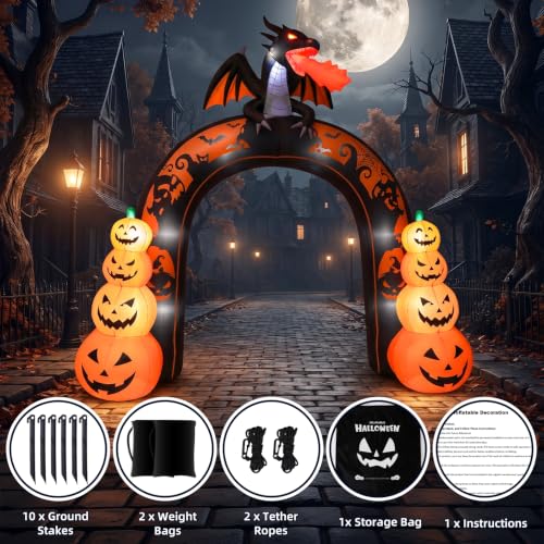Giant Halloween Inflatable Archway with Dragon & Pumpkins - Outdoor Yard Decor, 10 FT Tall with LED Lights