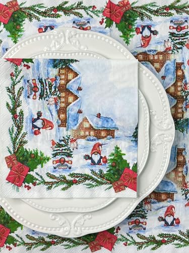WRAPAHOLIC 25-Pack Christmas Paper Napkins with Gnome & Snow House Design, 6.5 x 6.5 Inch, 2-Ply - Red Gingerbread House Variant