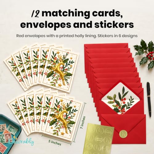 Decorably 12 Pack Foiled Reindeer Christmas Cards 5x7 with Envelopes