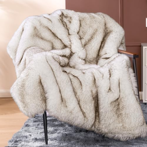 Touchat 1000GSM Faux Fur Throw Blanket - White/Brown 50x60in Super Thick Cozy Reversible Mink for Couch & Bed