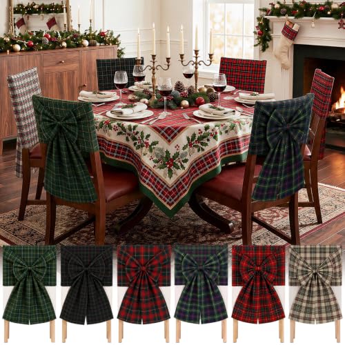 Breling 6 Pcs Christmas Bow Chair Back Covers Tartan Plaid Old Money Style