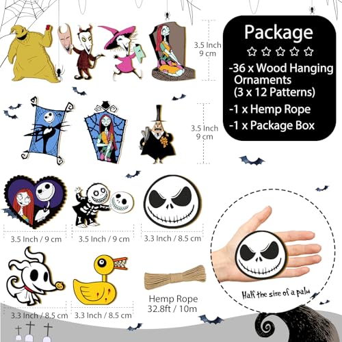 36 PCS Halloween Christmas Jack Sally Wooden Hanging Ornaments for Tree, Wood Nightmare Christmas Tree Decorations Before Spooky Decor Indoor Home Party Gifts