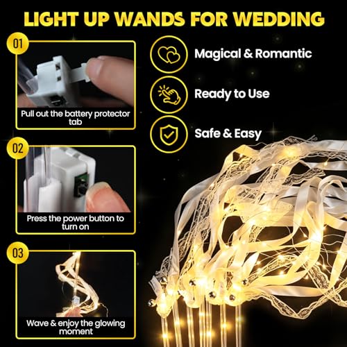 120PCS LED Wedding Wands - Reusable Fairy Light Up Sparklers for Wedding Send Off - White Ribbons & 3 Modes